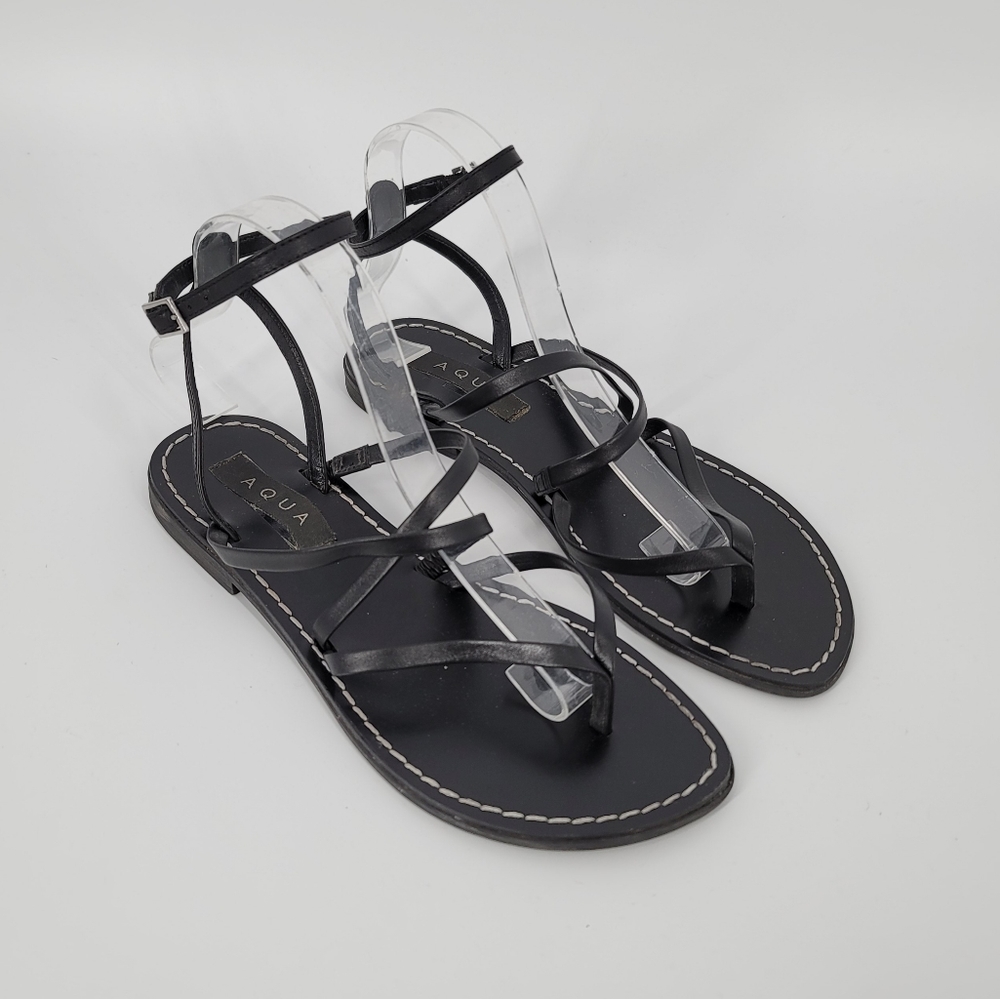 AQUA Black Sand Strappy Flat Sandals Size 8.5
